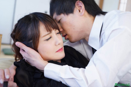 Asian fiance with nice tits Saori Okumura fucks meat with her trimmed vagina