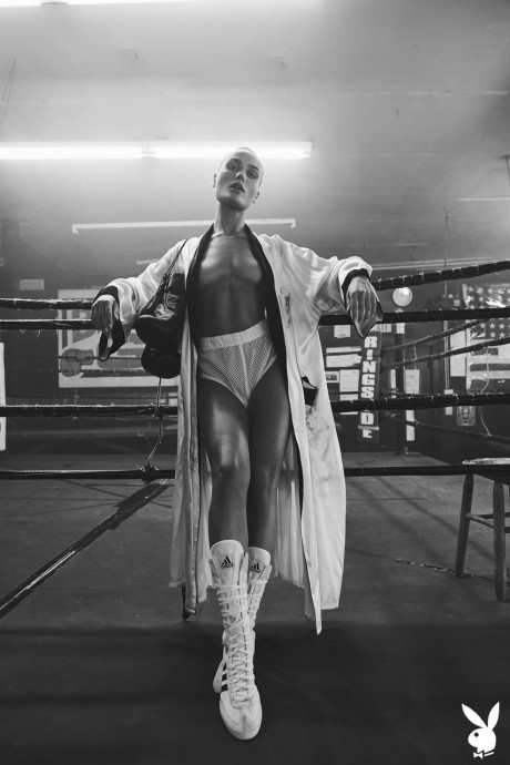 Shots of bald skinny slut girl broad Vendela in boxing clothes and undressed in a ring