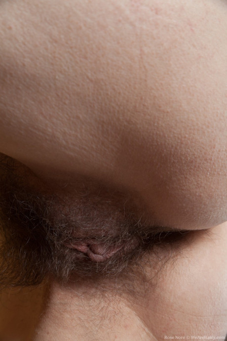Hot brunette Rose Nore giving inviting up-close views of her spread furry vagina