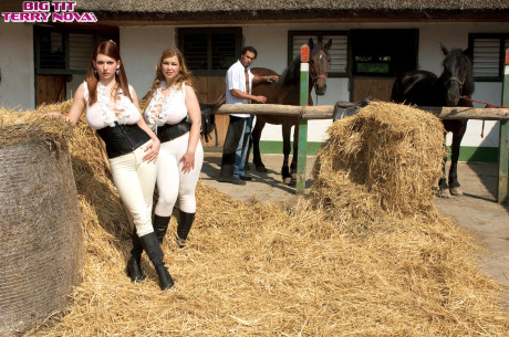 Humongous titted dykes Christy Marks & Terry Nova wear riding attire at horse farm