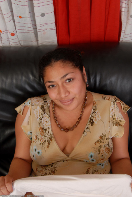 Curvy hispanic fiance Reena flaunting her humongous tits and fuzzy cunt in a solo