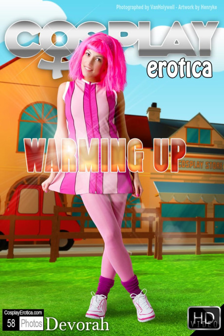 Adorable lady girlfriend woman with pink hair Lazy Town exposes her nice body on a lawn