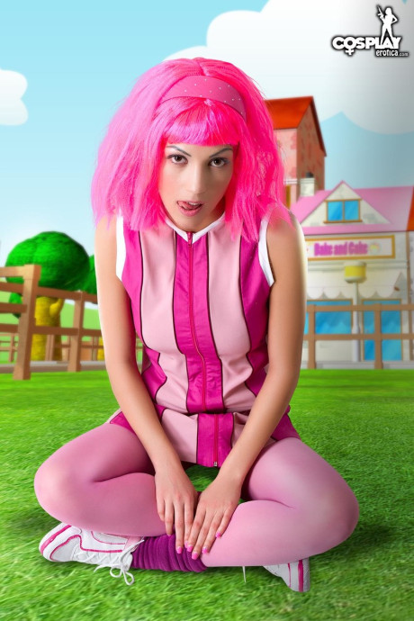 Adorable lady girlfriend woman with pink hair Lazy Town exposes her nice body on a lawn