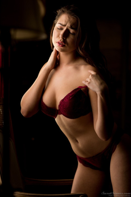 Caucasian female Melissa Moore gets caught moaning in 2 piece lingerie