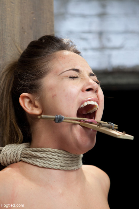 Tiny female slave Kristina Rose gets painfully humiliated in rope bondage