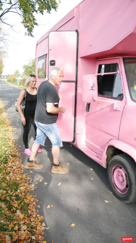 German pornstar with great juggs gets fucked by an older dude in a pink camper