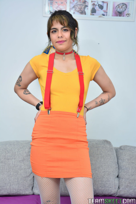 Hispanic young Lulu Ninfo shows her tiny melons & rides wearing fishnet stockings