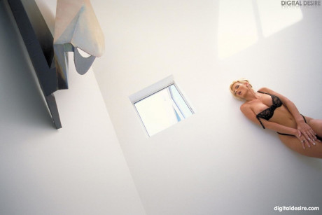 Blondy babe Sabrina spreads her irresistible pink vagina up close