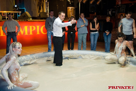 Lesbian MILFs with monstrous boobies having a dirty FFM gangbang in a mud pool