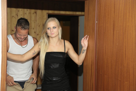 Horny German slut Carmen J comes today to be screwed by two buddies