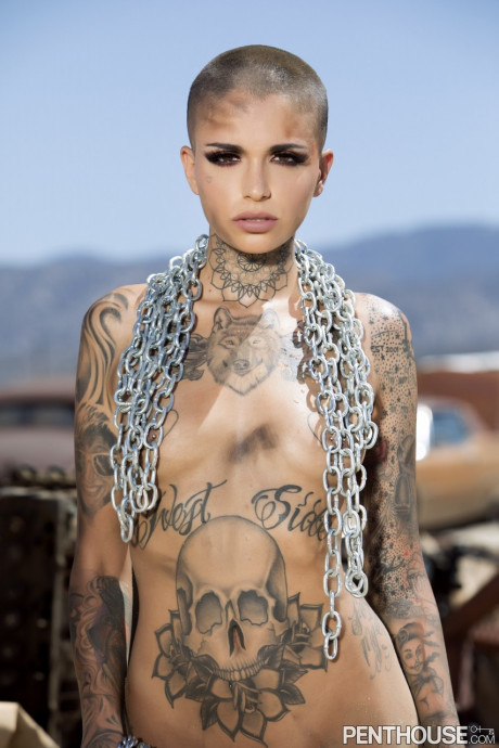 Bald inked babe Leigh Raven flaunts her small boobies and poses naked outdoors