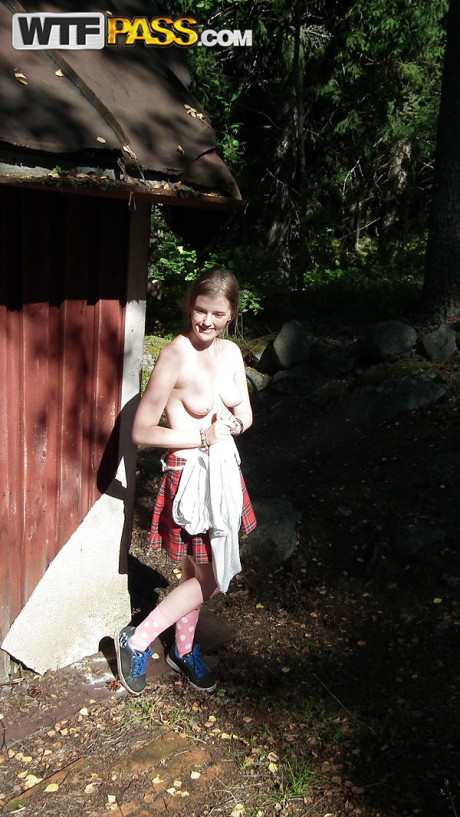 Solo chick girlfriend woman shows her melons and pussy while forcing entry into abandoned cabin