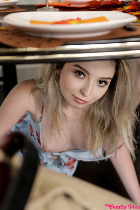 Teens Lexi Lore & Violet Rain blow a rod under a table before getting sexed