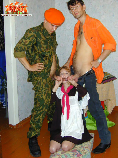 Young young Russian chick GF lady with red hair gets double sexed by resistance fighters