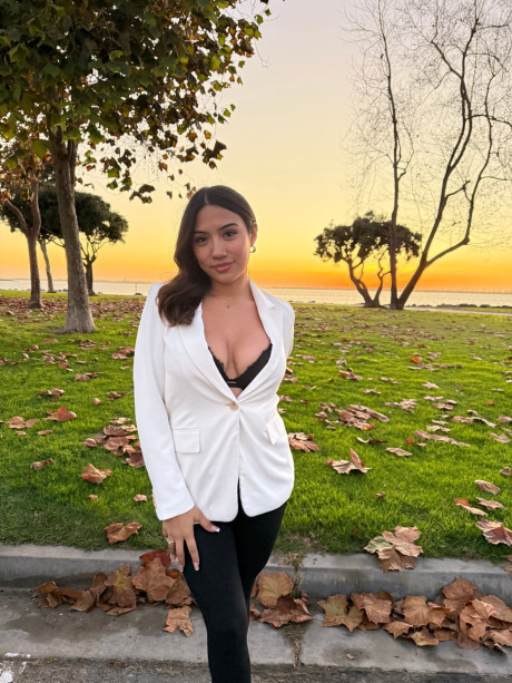 Solo slut gf broad exposes her ebony lace undergarment while taking off her blazer