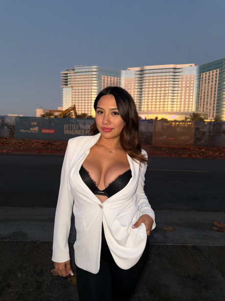 Solo slut gf broad exposes her ebony lace undergarment while taking off her blazer