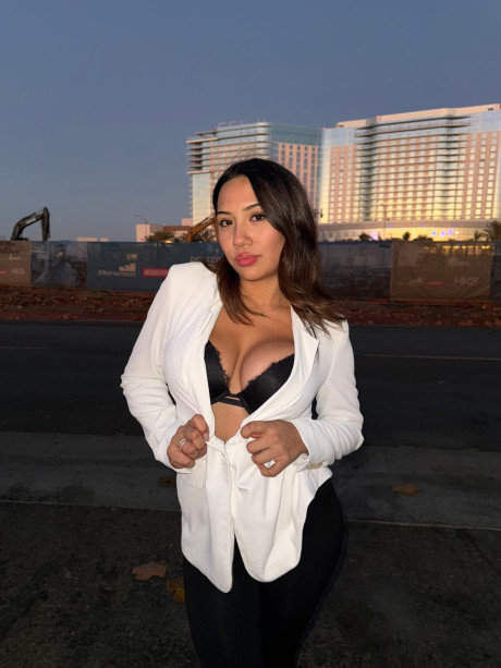 Solo slut gf broad exposes her ebony lace undergarment while taking off her blazer