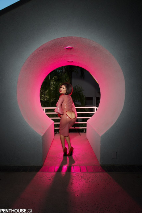 Fantastic pornstar babe Darcie Dolce teases with her gigantic melons after stripping