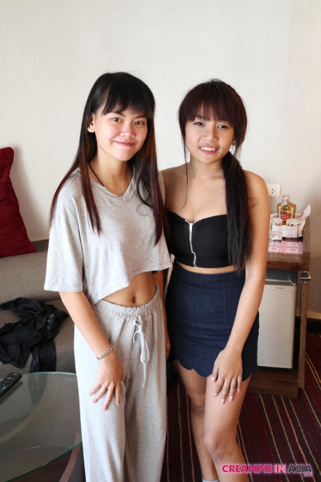 Skinny chinese amateurs Sprite and Mon strip and pose undressed together