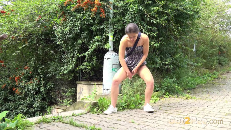 White bitch gf lady Lara Fox takes a piss on a brick sidewalk after ascending stairs