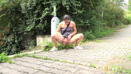 White bitch gf lady Lara Fox takes a piss on a brick sidewalk after ascending stairs
