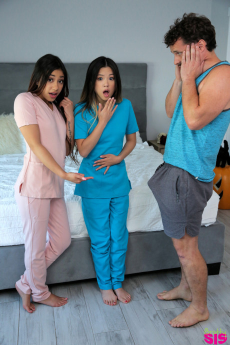 Thin teens Xxlayna Marie and Lulu Chu partake in a three-way fuck