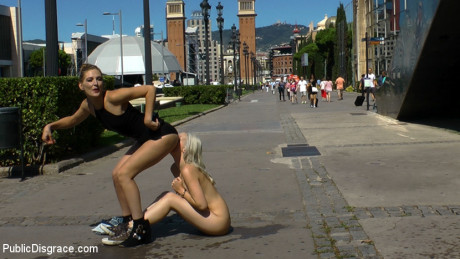 Blonde skank gf lady is humiliated in public before a public threesome takes place