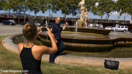 Blonde skank gf lady is humiliated in public before a public threesome takes place
