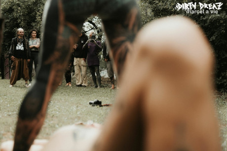 Heavily tattooed hoes piss on a undressed fiance bf lover outside the back steps of a house