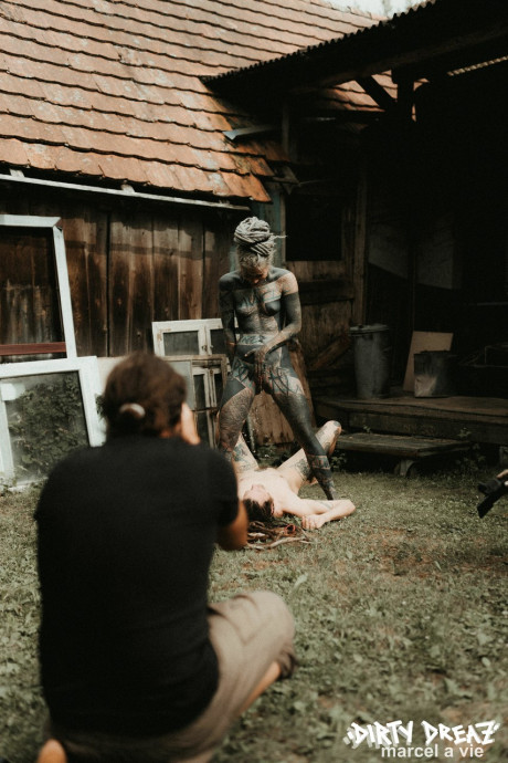 Heavily tattooed hoes piss on a undressed fiance bf lover outside the back steps of a house