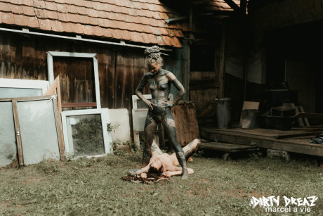 Heavily tattooed hoes piss on a undressed fiance bf lover outside the back steps of a house
