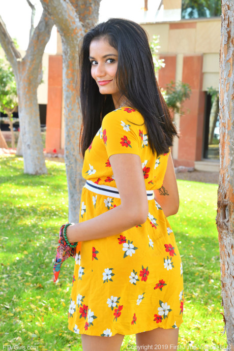 Babe Viva flashes her hot twat in public while posing in her summer dress