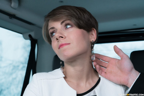 Classy short haired old Sasha Zima seduced by limo driver for backseat boff