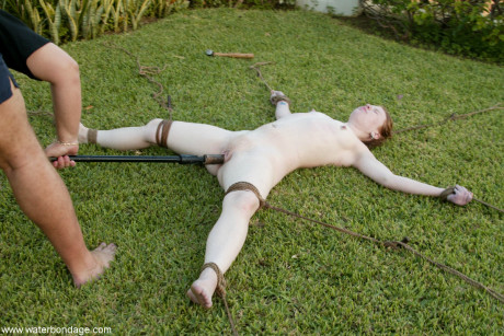 Bound slave whore girlfriend woman Madison fresh teenie gets her pierced snatch toyed outdoors