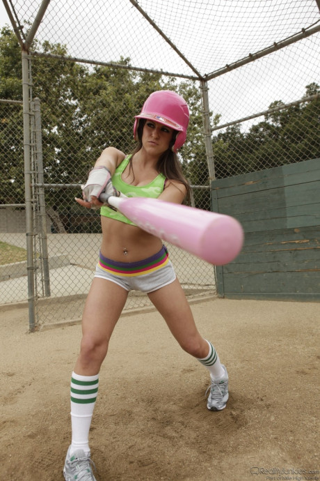 Brunette baseball player with enormous titties Rachel Roxx teases coach on the diamond