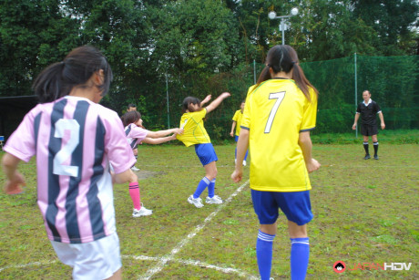 Teen asian chick girl lady gets her bushy cunt toyed by a football team outdoors