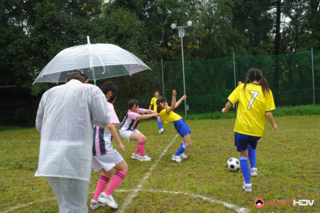 Teen asian chick girl lady gets her bushy cunt toyed by a football team outdoors