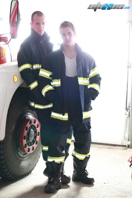 Gay firefighters have a spit roasting anal debauchery with twink Mathew Ross