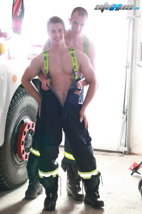 Gay firefighters have a spit roasting anal debauchery with twink Mathew Ross