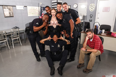 Policewoman Rebel Rhyder gets gangbanged by coworkers in front of her cuckold