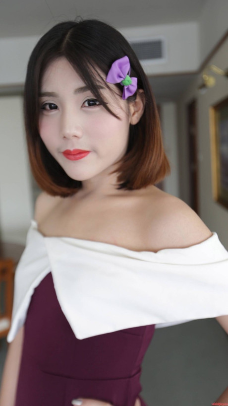 Brunette asian transsexual exposes her tiny melons and poses in underwear