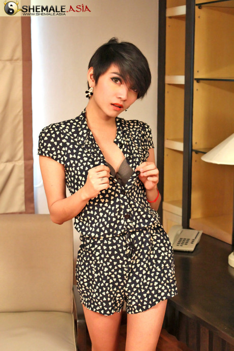 Petite tranny Sofaia doffs her dress and teases with her lovely cock