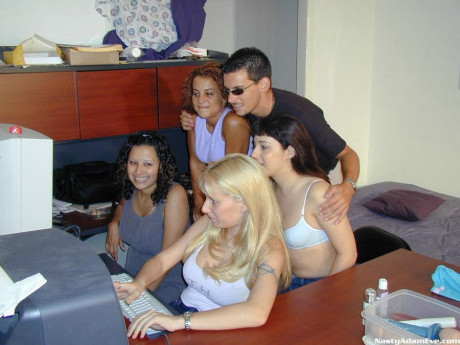 Four skanks and a boy man stud friend of theirs tangle in a reverse orgy