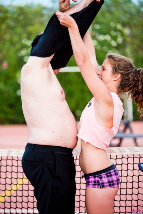 Flexible Bunny Baby licks oldman dick on the tennis court topless