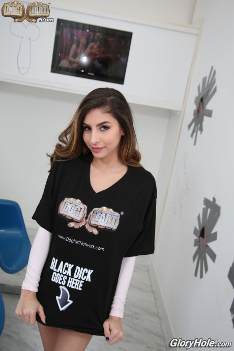 Skinny brunette teenie Nina North rides a BBC & swallows its spunk at a gloryhole