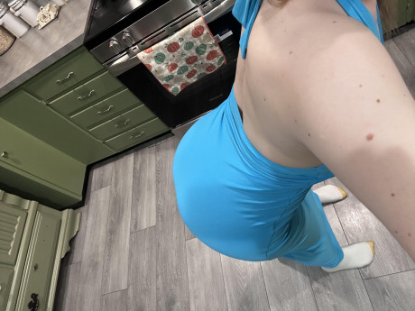 Amateur bitch girl lady looses her firm boobies from a blue dress in a galley