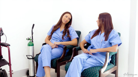 Horny nurses have a lesbian gangbang with a female patient at a clinic