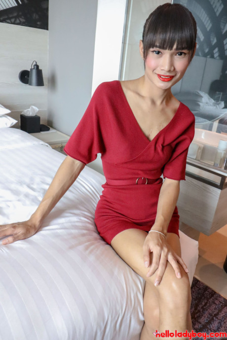 Brunette oriental transexual Mei removes her red dress and poses in underwear