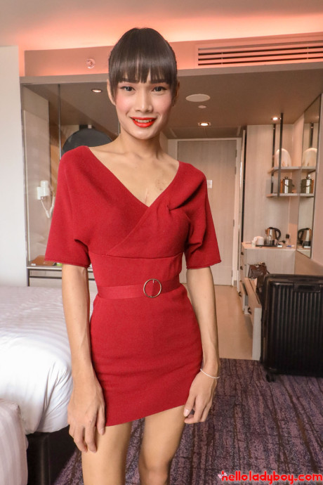 Brunette oriental transexual Mei removes her red dress and poses in underwear