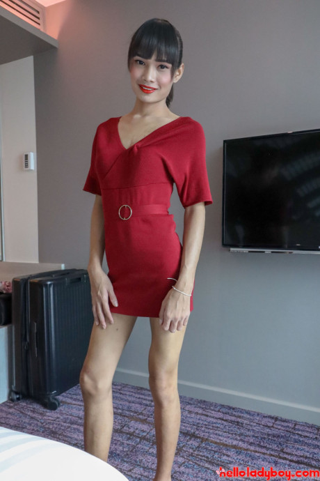 Brunette oriental transexual Mei removes her red dress and poses in underwear